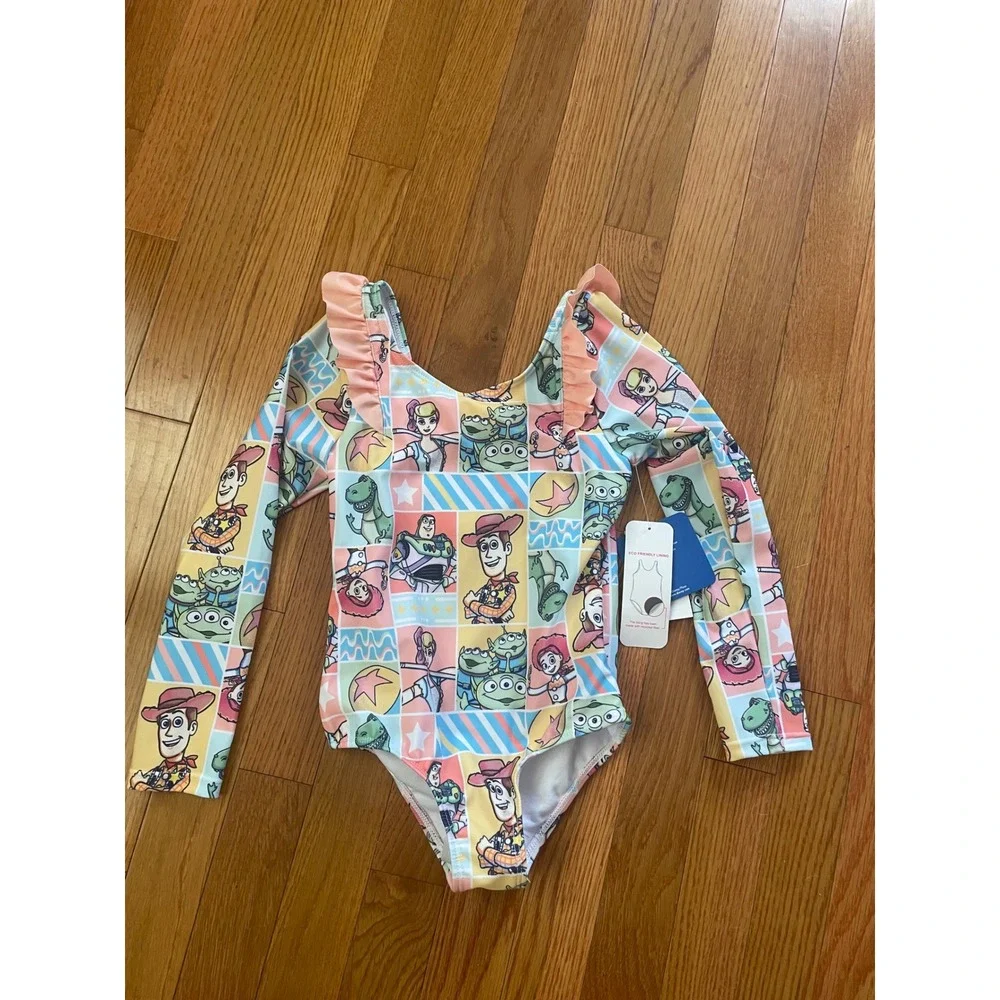 Disney Toy Story Girls Long Sleeve One Piece Swimsuit Pink Ruffle 4T New